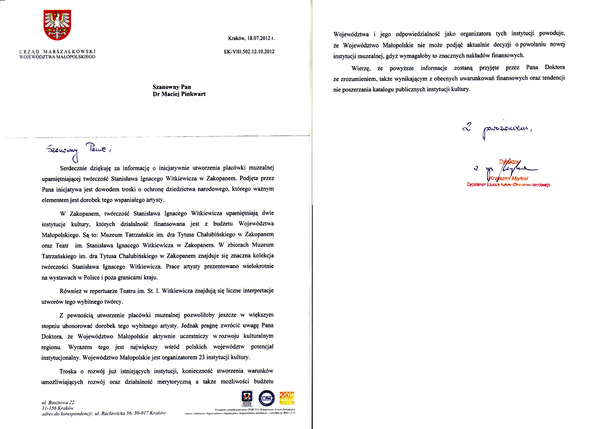 List z Urzędu Marszałkowskiego