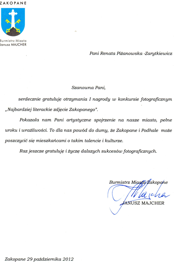 Uroczysty adres burmistrza dla Renaty